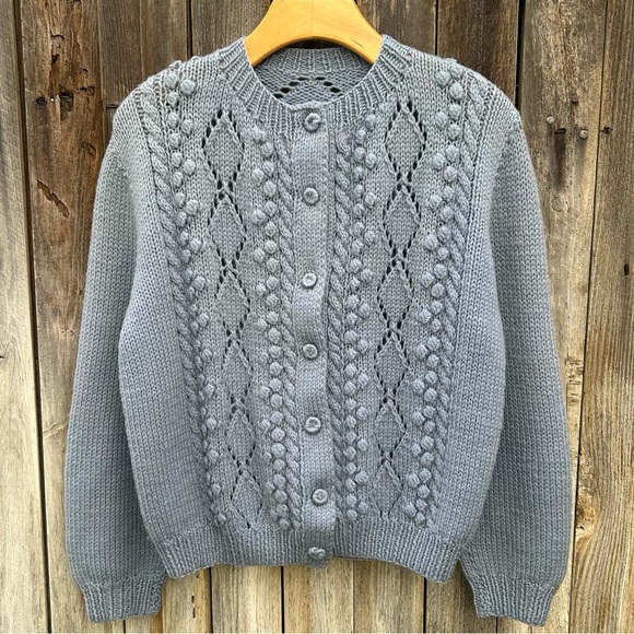 Vintage Sweaters - Vintage Handknit Fisherman Cardigan Light Blue